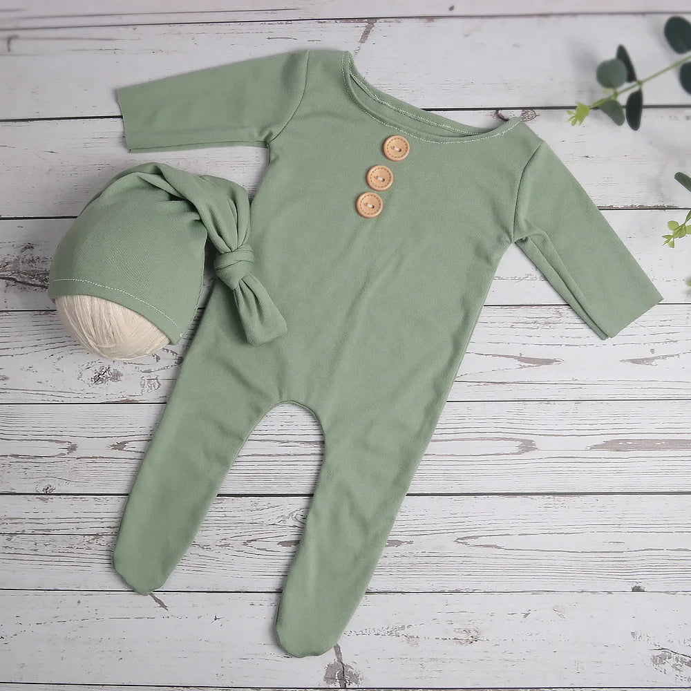 Newborn Photography Props Buttons Footed Jumpsuit with Sleepy Hat Infant Photo Props Pic Idea