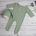 Newborn Photography Props Buttons Footed Jumpsuit with Sleepy Hat Infant Photo Props Pic Idea