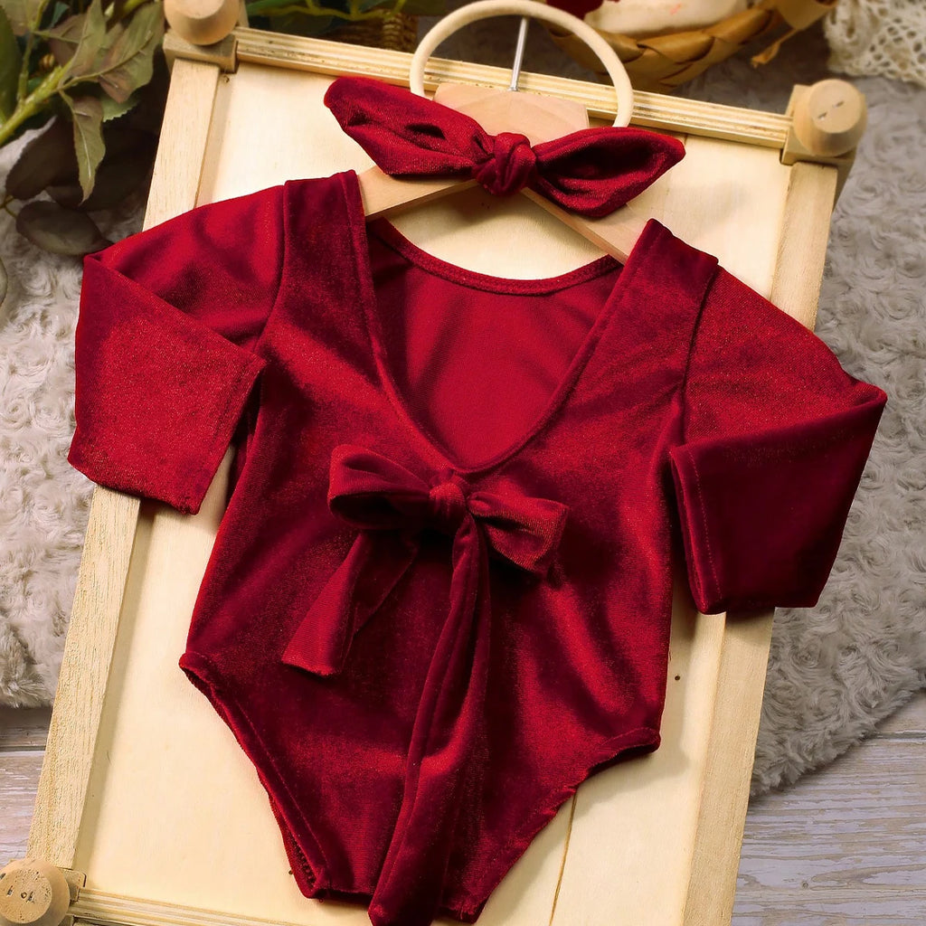 Newborn Christmas Outfit for Photo Shooting Baby Girl Back Bow Burgundy Velvet Romper With Rabbit Ear Headband