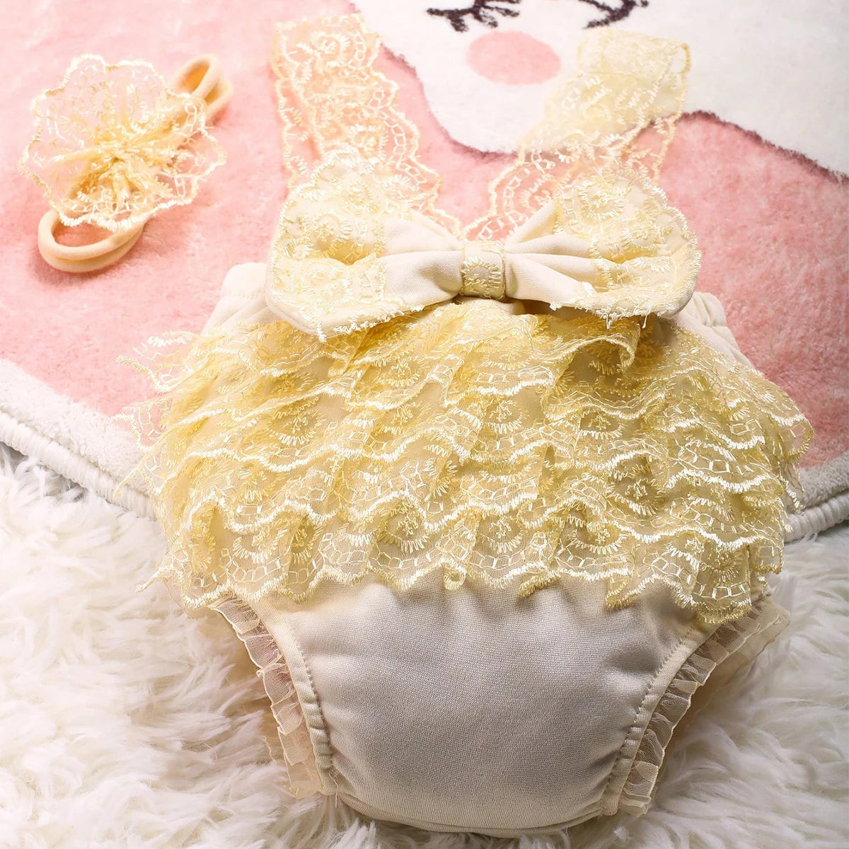 Newborn Photography Outfits Big Bowknot Baby Lace Romper with Hairband Blue Suspender Trousers Photo Shooting Overalls