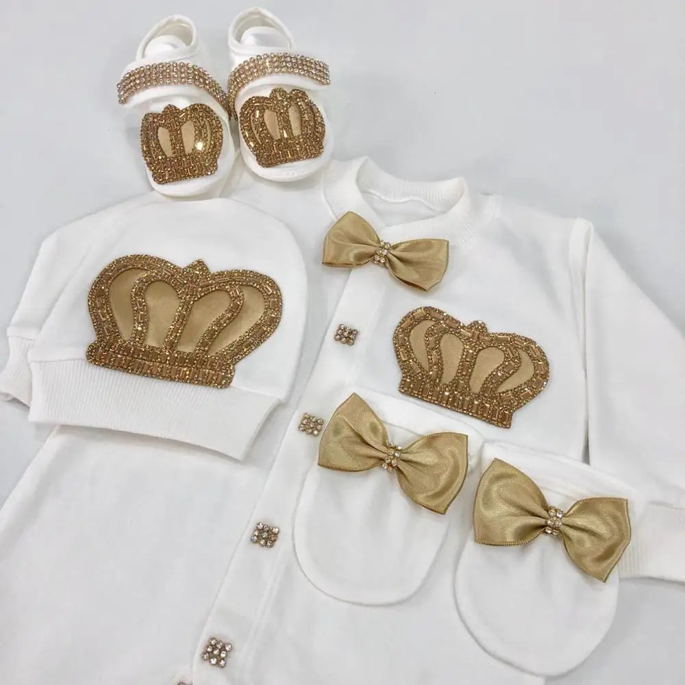 Conjunto de bebé con brillo (4 piezas): mono, mitones y gorro