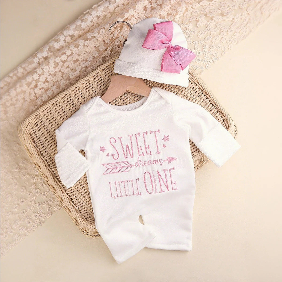 Newborn Photography Romper Jumpsuit with Bow Hat 'Hello World' Embroidery Infant Props for Coming Home Outfit Baby Gift