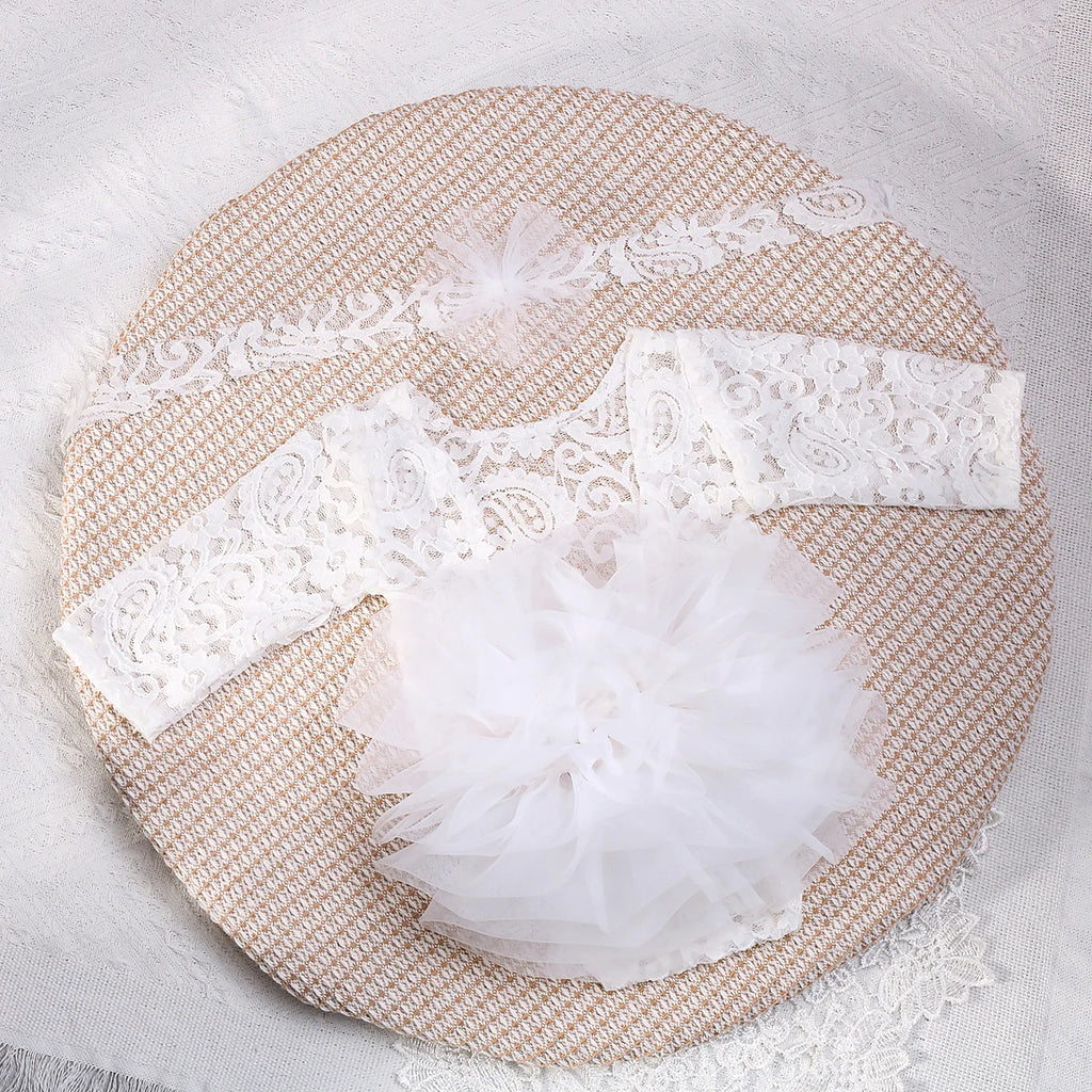 2 Pieces Set Dusty Pink Newborn Lace Romper for Photo Shooting Fluffy Mesh Lace Photography Outfits with Headband