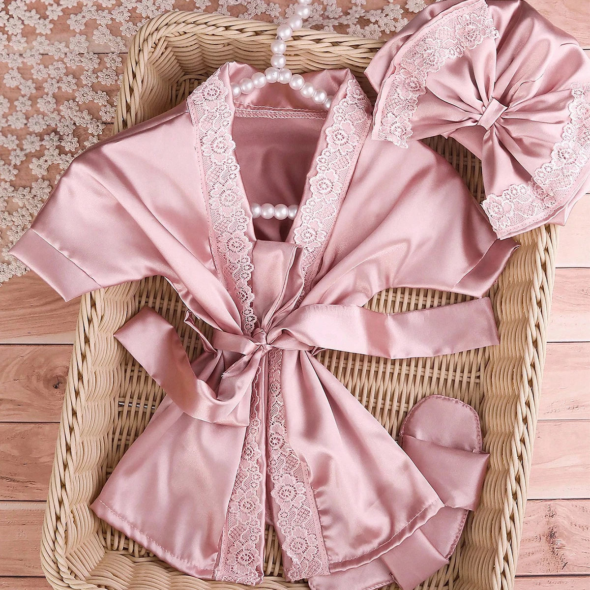 Newborn photography outfits set 1 month 100 days baby girl lace bathrobe with bow turban hat and slippers photo props