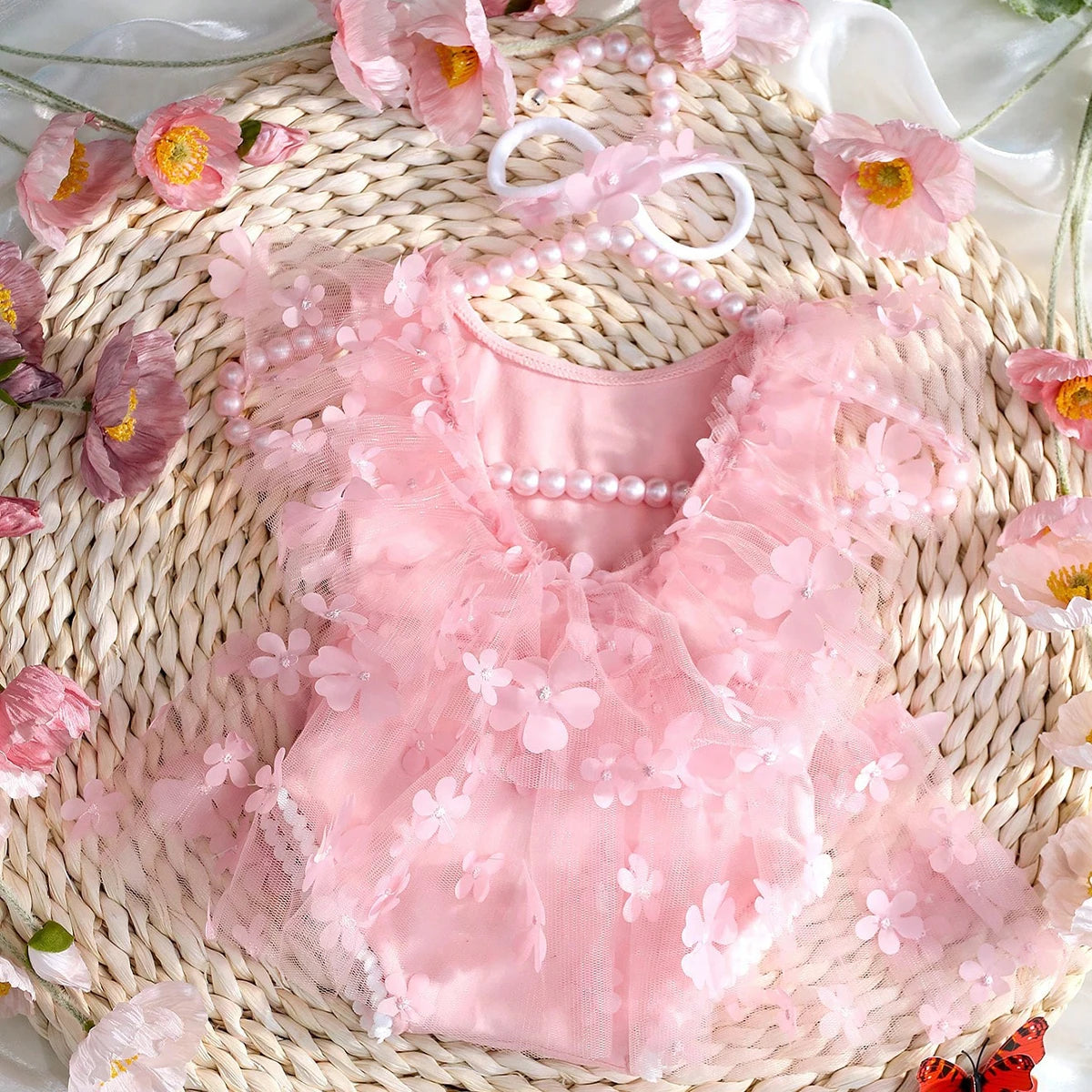 2 Pieces Set Newborn Girl Photography Outfits Embroidery Flower Romper with Headband Baby Photo Shooting Clothes