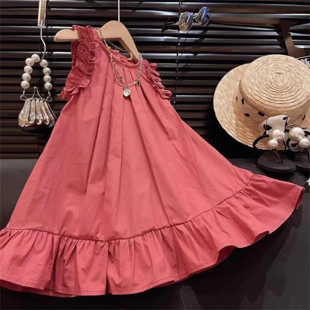 Korean Version Sleeveless Pleated Dress Solid Color Round Neck Children's Clothes Summer Kids Dresses for Girls Wear