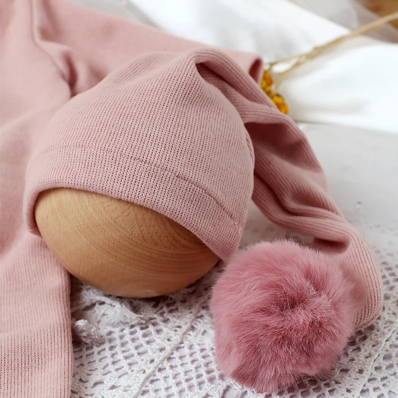 3 Pieces Set Newborn Jumpsuit Tail Pom Hat Set with Mini Doll Pink Baby Photography Outfit New born Girl Photo Props
