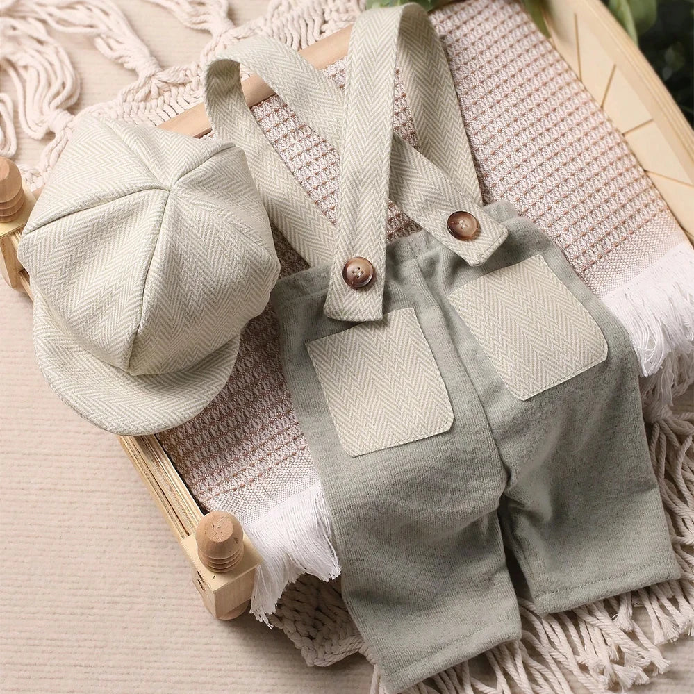 Little Gentleman Photography Outfits Newborn Boy Plaid Pocket Suspender Trousers with Casquette Infant Shooting Jumpsuit