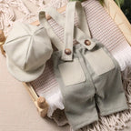 Little Gentleman Photography Outfits Newborn Boy Plaid Pocket Suspender Trousers with Casquette Infant Shooting Jumpsuit
