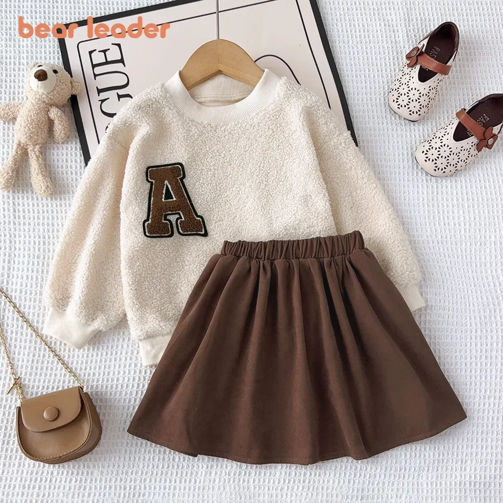 3-7 Year Old Autumn and Winter Plain Kids Clothes Girls Long Sleeved Plush A-line Top+Short Skirt Two-piece Set
