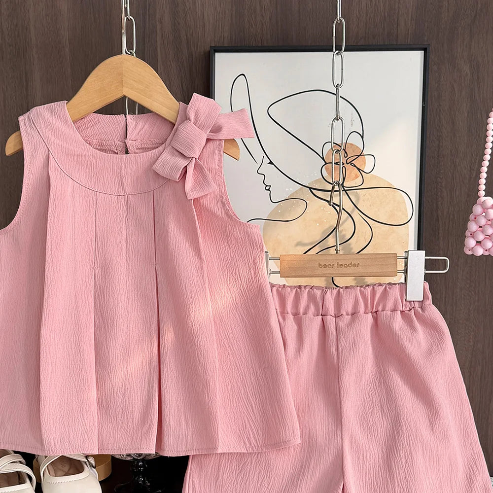 Sweet Pink Girls Clothes Summer Sleeveless Bow Decoration Pleated Vest+Shorts 2Pcst Olid Color Casual Children's Set