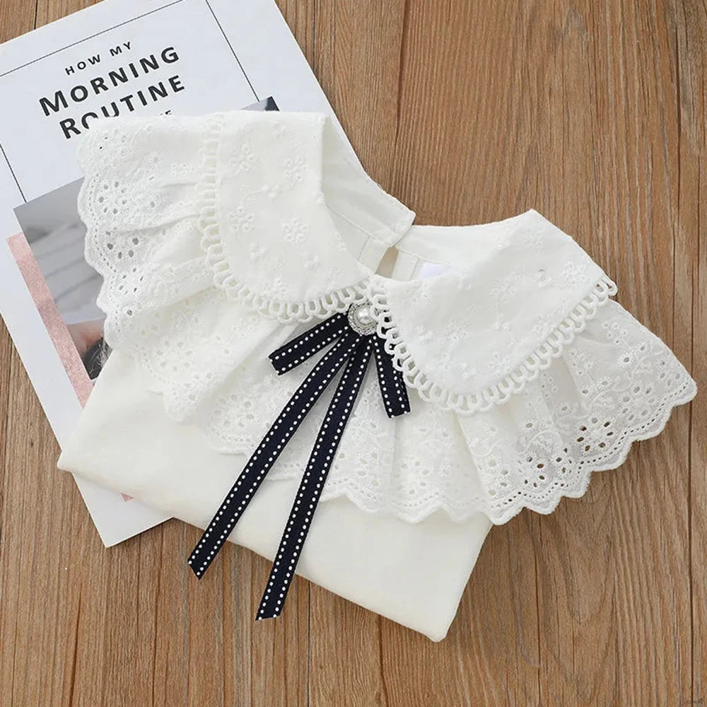 Girls' White Long Sleeve Lace Pearl Bow Sweet Shirt Children's Cotton Casual Shirt