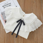 Girls' White Long Sleeve Lace Pearl Bow Sweet Shirt Children's Cotton Casual Shirt