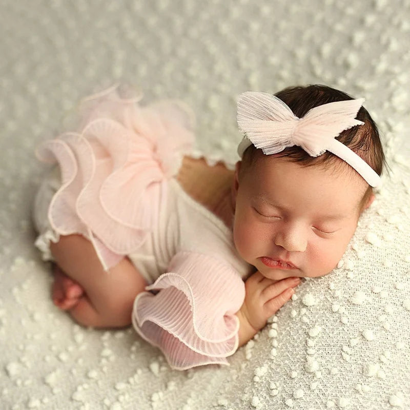 2 Pieces Set Beige Newborn Photography Costume Lace Romper Bow Headband Set Baby Girl Photo Shooting Outfits