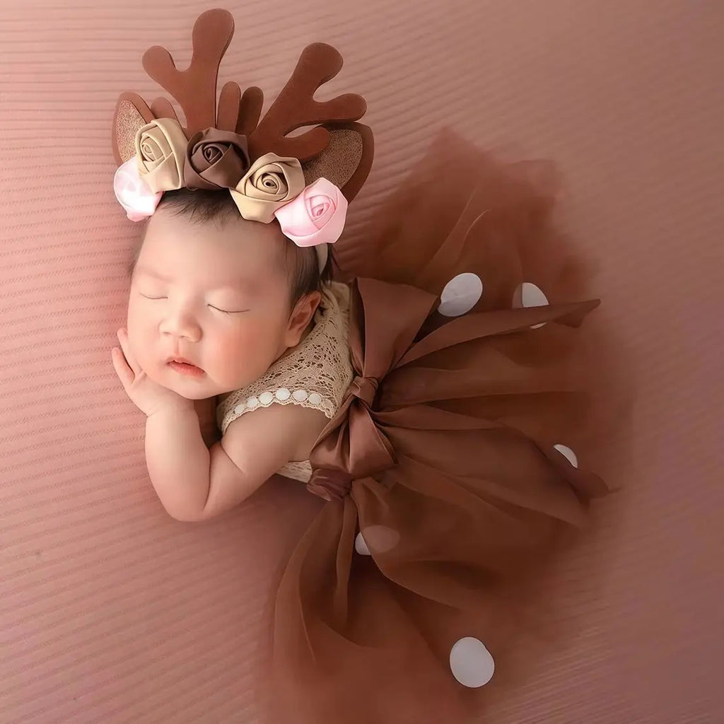 Newborn Girl Christmas Deer Outfit for Photo Shooting  Infant Photography TUTU Skirt with Flower Headband Picture Props