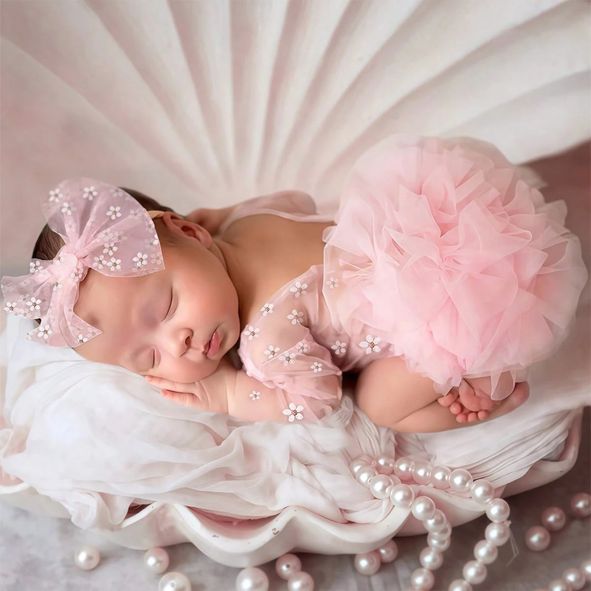 Circular Polka Dot Newborn Photography Romper with Bow Headband Baby Girl Photoshoot Outfits 1 Month Infant Picture Props