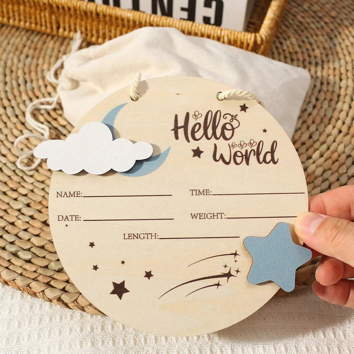 1PC Newborn Photo Prop Wooden Hello World Starlit Sky Newborn A Wooden Hanging prop Cute Birth Board Baby Announcement