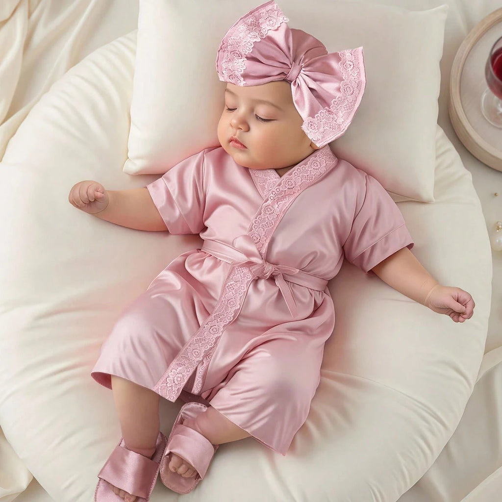 Newborn photography outfits set 1 month 100 days baby girl lace bathrobe with bow turban hat and slippers photo props