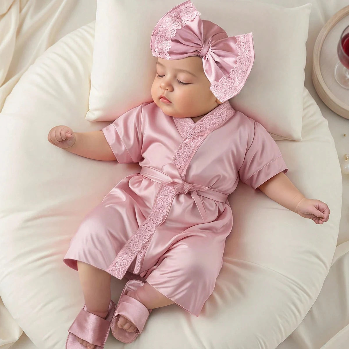 Newborn photography outfits set 1 month 100 days baby girl lace bathrobe with bow turban hat and slippers photo props