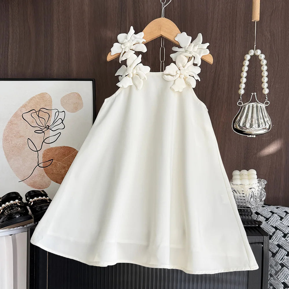 Cut-out Design Girl's Dress 2025 Summer Little Girl Fashion Sling White Holiday Medium Length Vest Dress Girls Dress