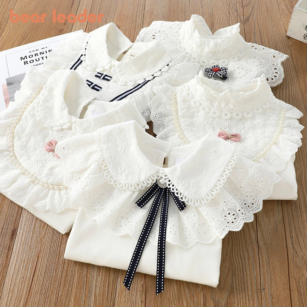 Girls' White Long Sleeve Lace Pearl Bow Sweet Shirt Children's Cotton Casual Shirt
