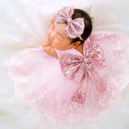 Newborn Photography Outfits Girl Big Bow Lace Dress with Glitter Bow Headband 100 Days Baby Girl Photoshoot Picture Gown