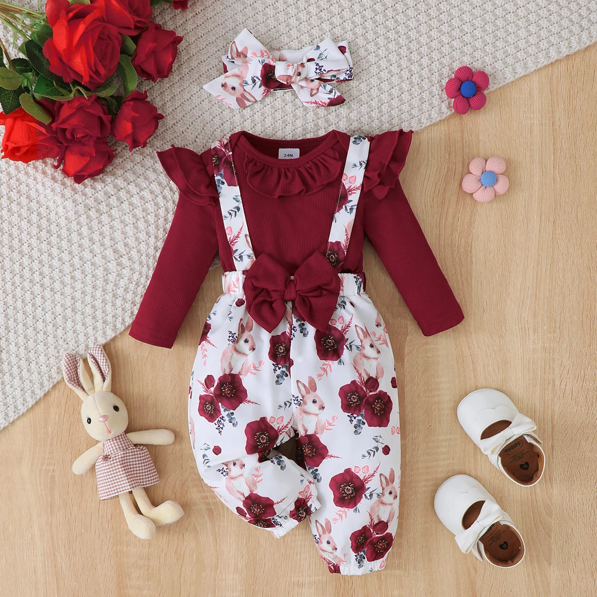 3-Piece Floral Strap Pants & Headband Set