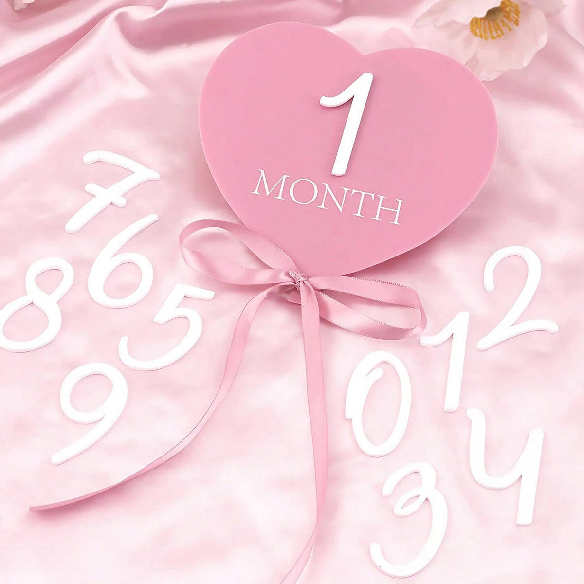 heart shaped pink baby monthly milestone signs pink ribbon newborn monthly photo props  matching with number 0-12