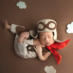 3 Pieces Set Newborn Boy Photography Outfit Infant Photo Props Shooting Overalls Aviator Glasses Cap with Red Scarf