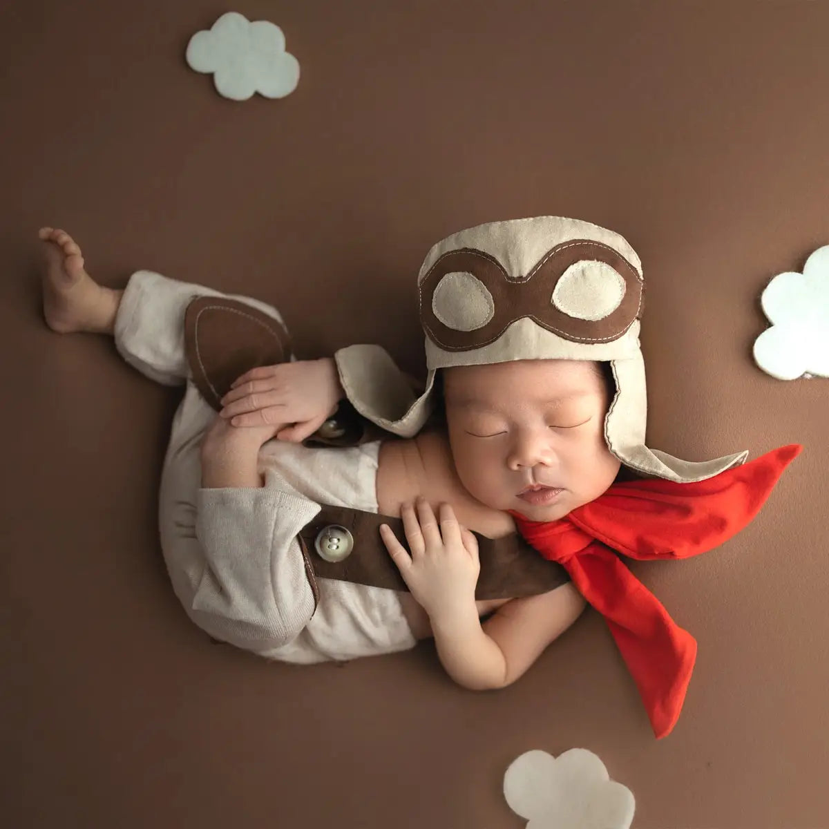 3 Pieces Set Newborn Boy Photography Outfit Infant Photo Props Shooting Overalls Aviator Glasses Cap with Red Scarf