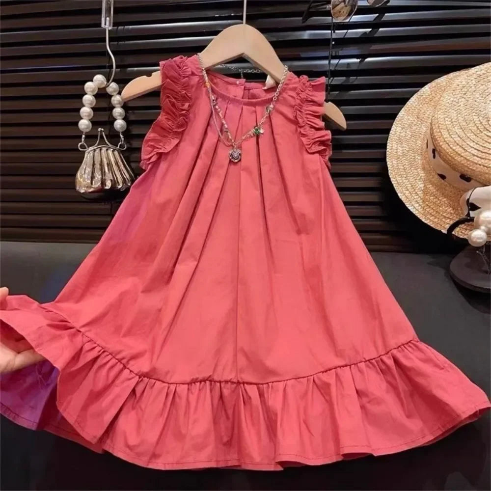 Korean Version Sleeveless Pleated Dress Solid Color Round Neck Children's Clothes Summer Kids Dresses for Girls Wear