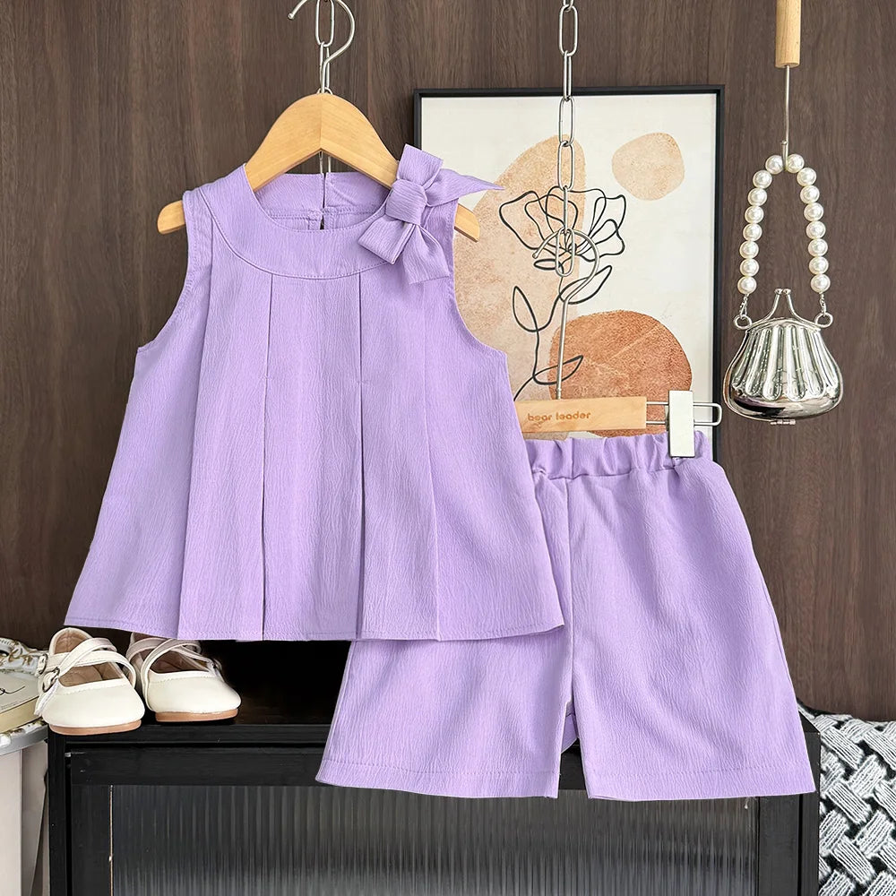 Sweet Pink Girls Clothes Summer Sleeveless Bow Decoration Pleated Vest+Shorts 2Pcst Olid Color Casual Children's Set