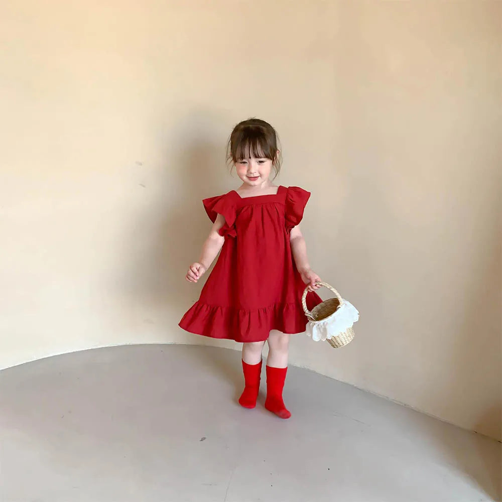 Summer Girls Dresses Flying Sleeve Dress Casual Ruffled Dresses Solid Back Bowknot A Line Baby Dresses Kids Clothes