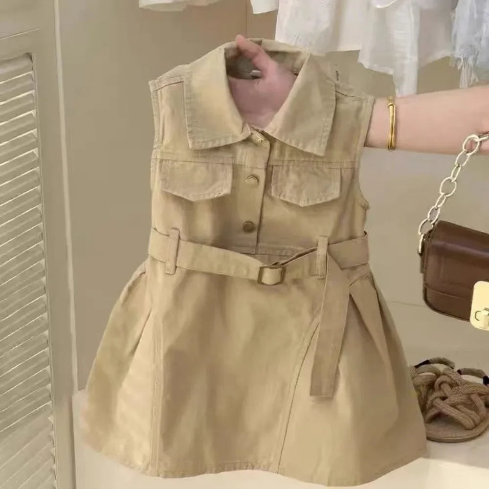 Fashion Girls Windbreak Dresses Summer Sleeveless Work Outfits with Waistband Solid Color Kids Clothes