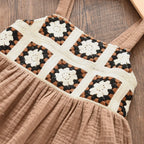 Girls Suit Summer Brown Retro Printed Plaid Camisole Top + Beige Pants Sweet Two-piece Set 3-7 Years Old