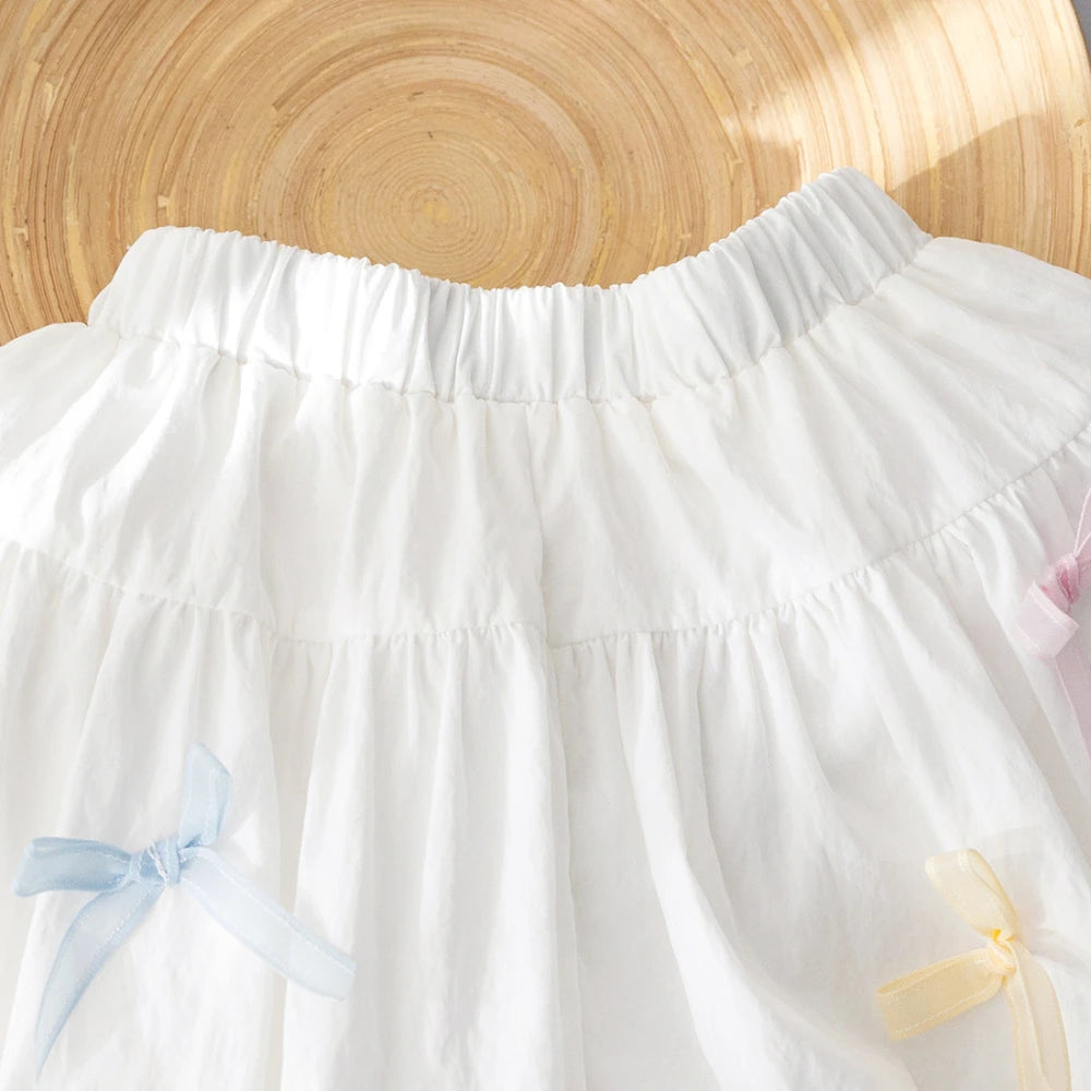 Summer Solid Color Girls Clothes Bow Decorative Shorts Korean Version Casual Folded Children's Clothing 3-7 Years