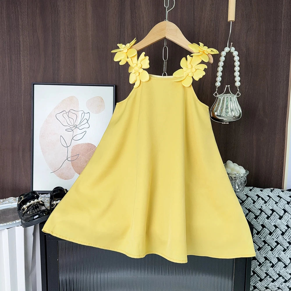 Cut-out Design Girl's Dress 2025 Summer Little Girl Fashion Sling White Holiday Medium Length Vest Dress Girls Dress