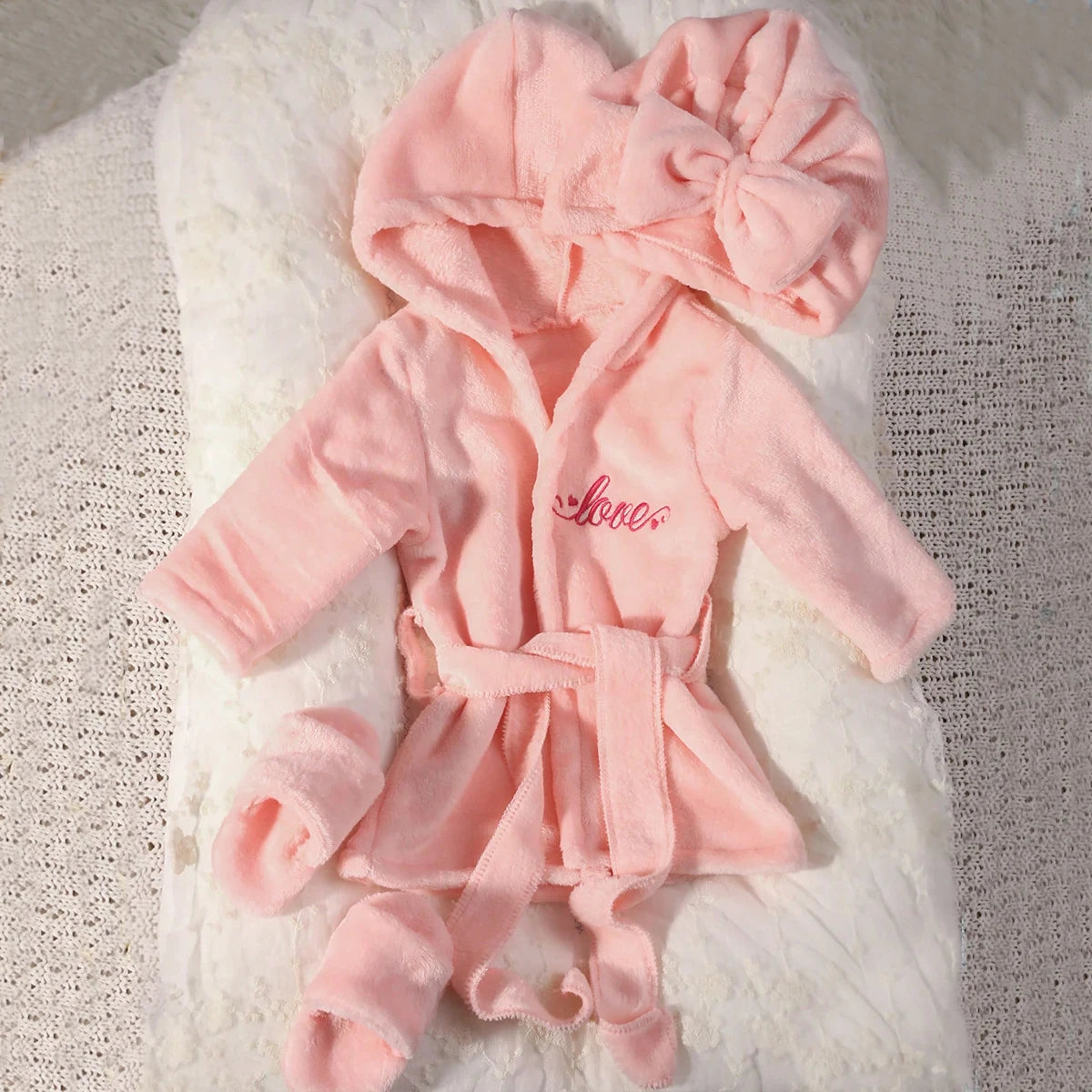 Newborn Photography Bathrobe with Turban Hat and Slippers Love Embroidery Baby Girl Pajama Gown Infant Photoshoot Outfit