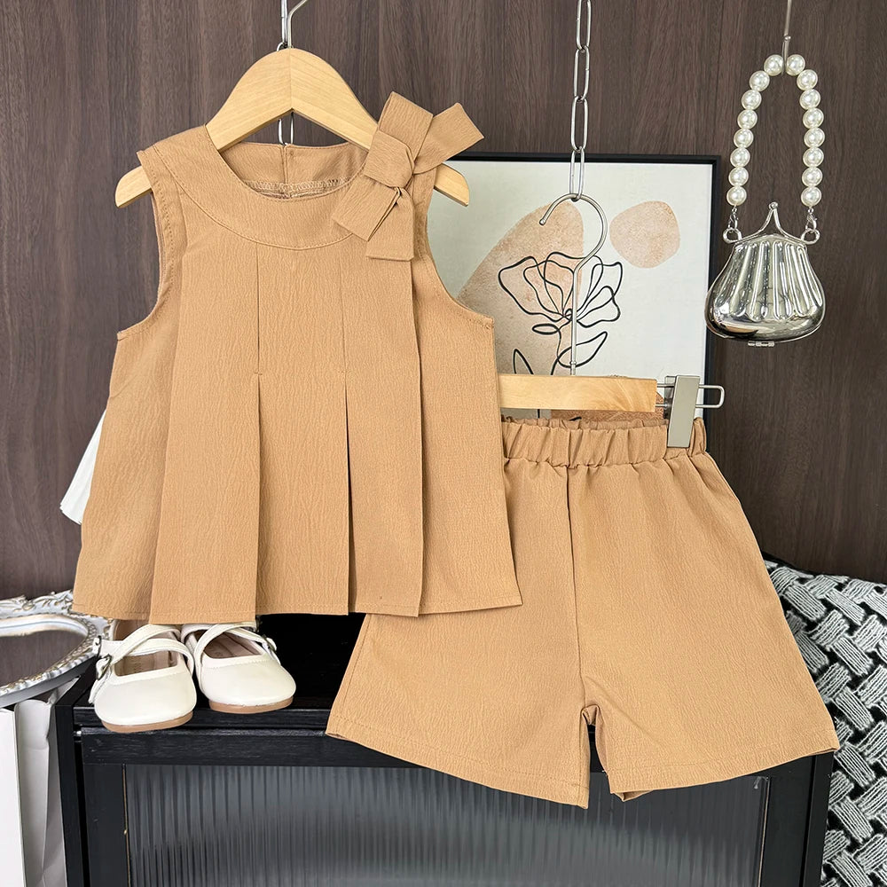 Sweet Pink Girls Clothes Summer Sleeveless Bow Decoration Pleated Vest+Shorts 2Pcst Olid Color Casual Children's Set