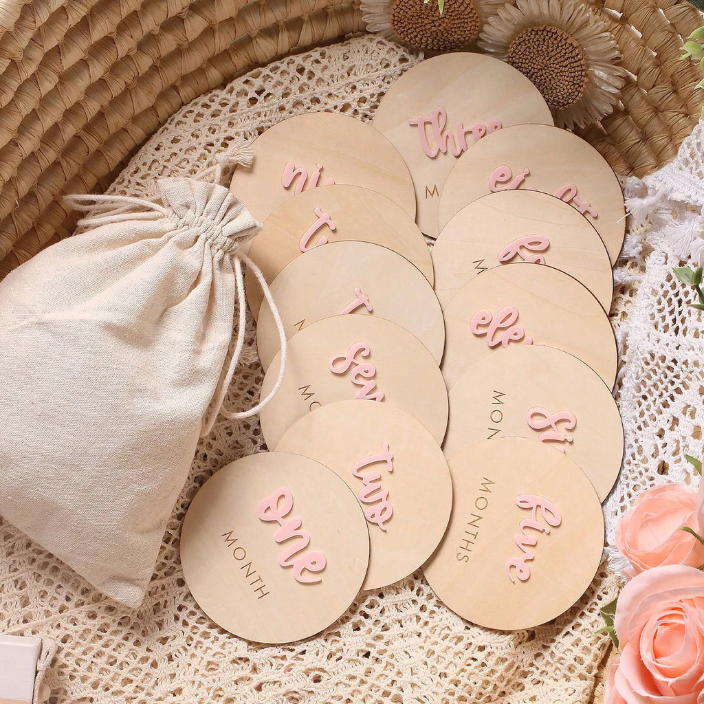 12Pcs 1-12 Month Newborn Monthly Milestone Wooden Cards Dics Baby Keepsakes Newborn Photo Props
