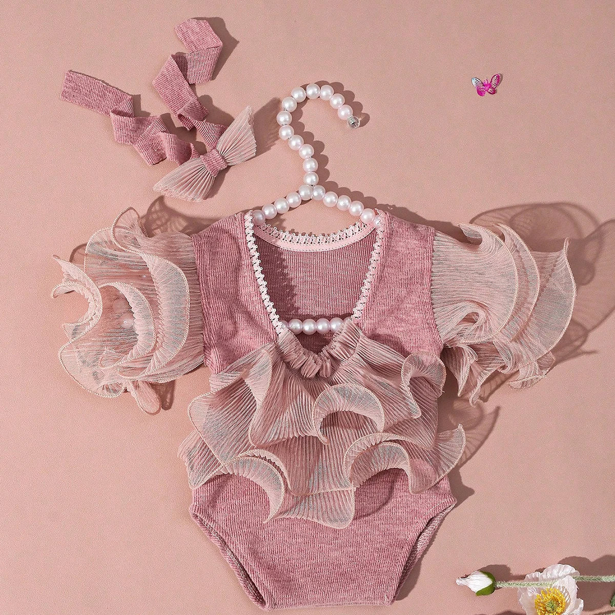 2 Pieces Set Beige Newborn Photography Costume Lace Romper Bow Headband Set Baby Girl Photo Shooting Outfits