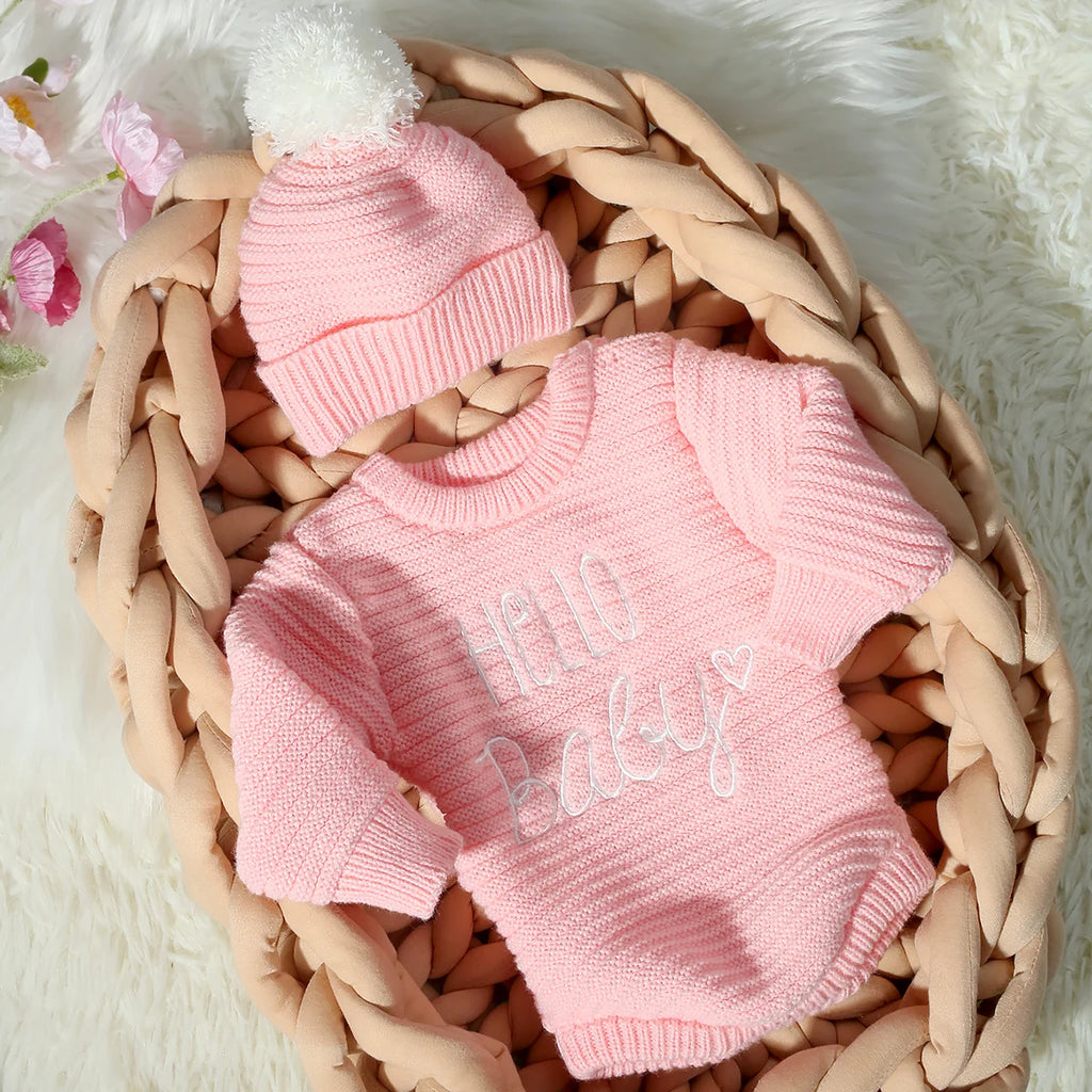 Hello Baby Newborn Photography Romper and Pom Hat Set Knitted Newborn Girl Outfits for Photo Shooting Infant Photo Props