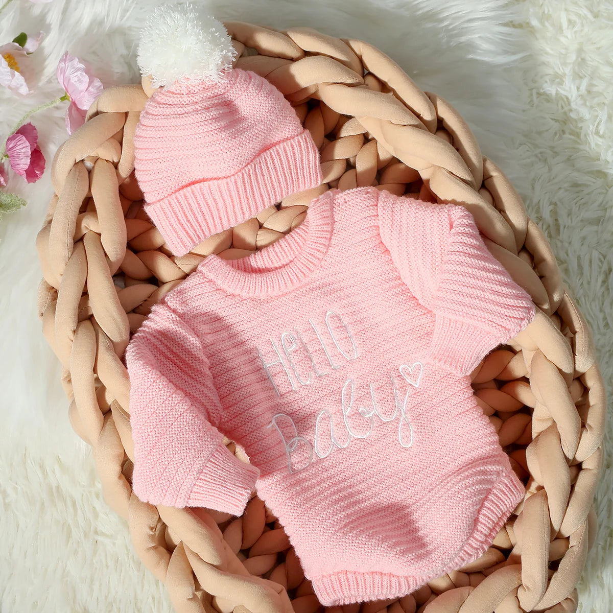 Hello Baby Newborn Photography Romper and Pom Hat Set Knitted Newborn Girl Outfits for Photo Shooting Infant Photo Props
