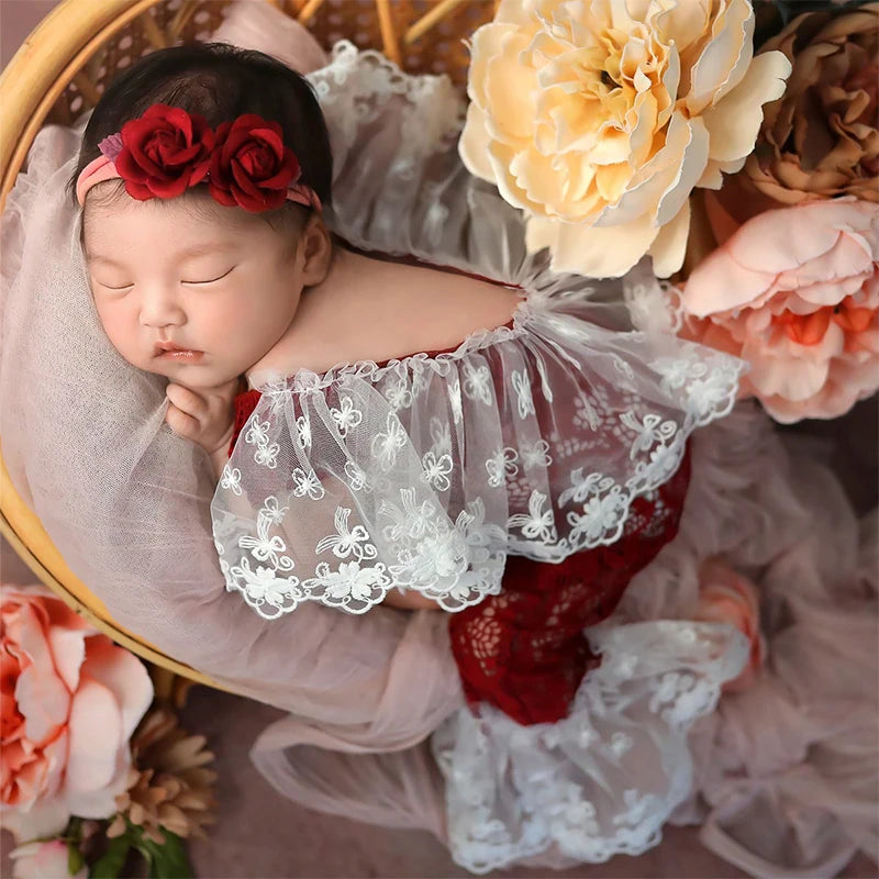 Newborn Lace Jumpsuit with Headband Baby Girl Photography Outfits Newborn Photo Shooting Clothes