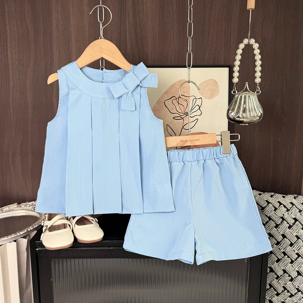 Sweet Pink Girls Clothes Summer Sleeveless Bow Decoration Pleated Vest+Shorts 2Pcst Olid Color Casual Children's Set