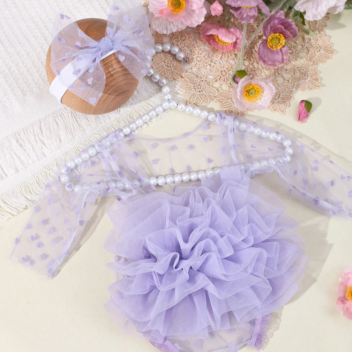Circular Polka Dot Newborn Photography Romper with Bow Headband Baby Girl Photoshoot Outfits 1 Month Infant Picture Props