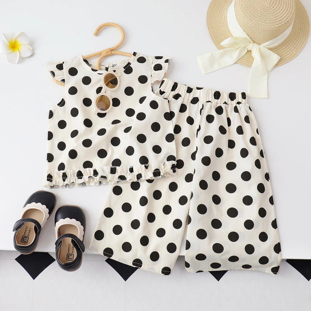 Baby Girl's Casual Clothing Round Neck Sleeveless Polka Dot Top+Wide Leg Pants Set with Bow and Botton 2PCS Set