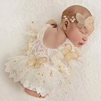Newborn Photography Outfit Baby Girl Butterfly Glitter Star Lace Romper with Pearl Headband Infant Photo Props