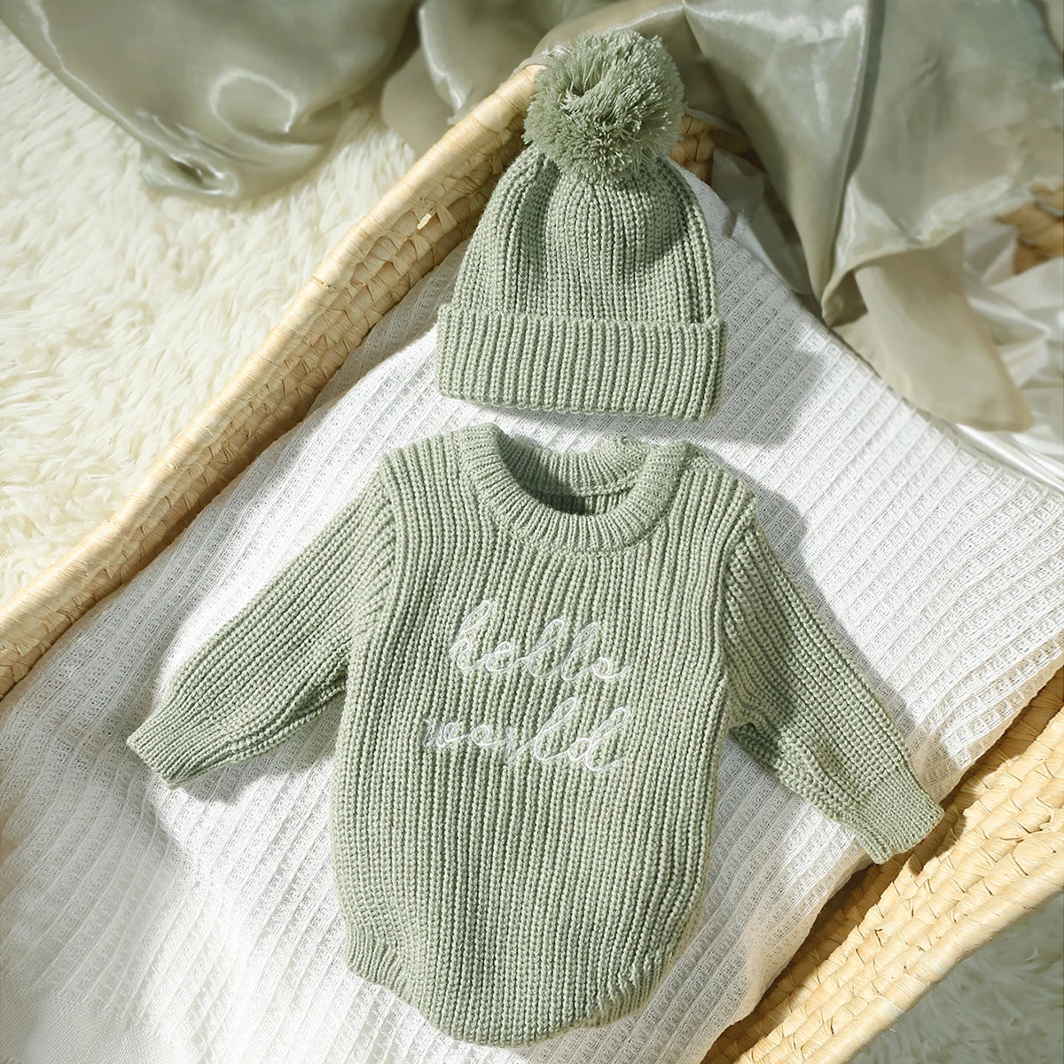 Hello World Knitting Newborn Photography Romper with Matching Pomp Hat Baby Boy Girl Sweater Outfits Photo Shooting-HD