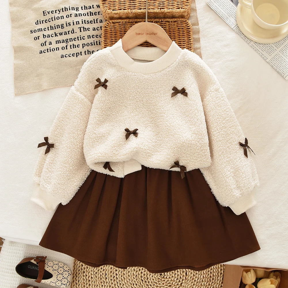 3-7 Year Old Autumn and Winter Plain Kids Clothes Girls Long Sleeved Plush A-line Top+Short Skirt Two-piece Set